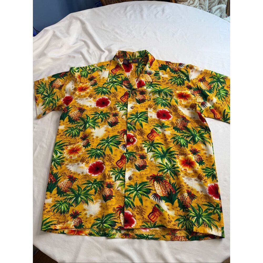 Roundy Bay Hawaiian Aloha Shirt VTG XL Tropical Palm Tree Pineapple Hibiscus